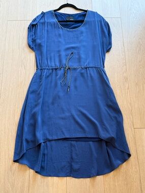 Vintage GREYLIN 100% Silk Navy Dress Asymmetrical Hem Tie Waist Size M